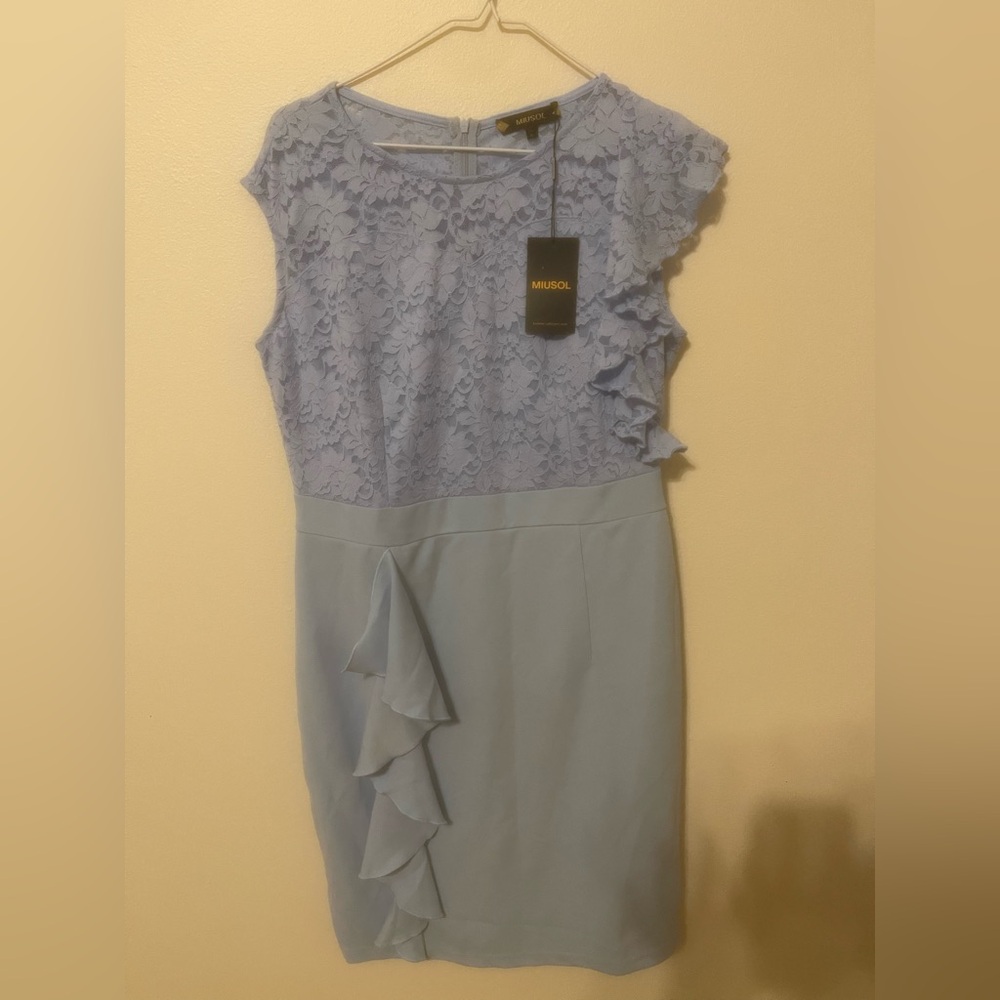 Miusol Light Blue Lace Bodice Midi Dress with Ruffle Detail Wedding Bridesmaid